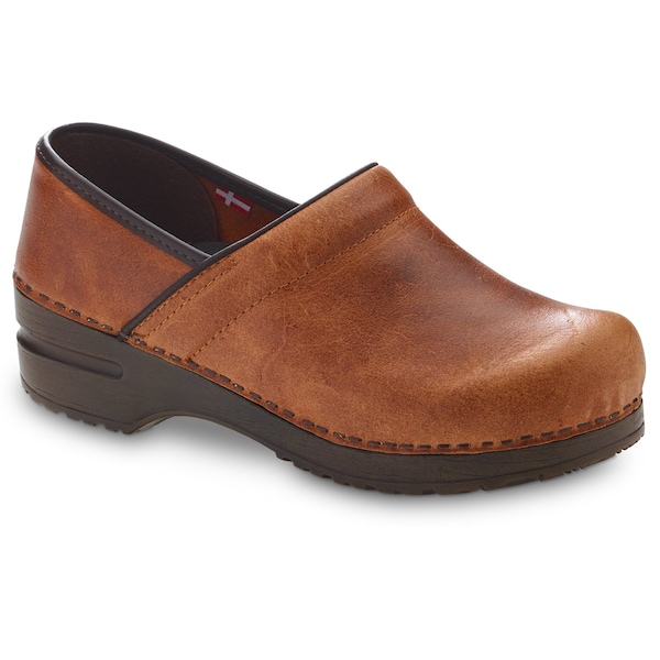 Women's Closed Back Clog, Pull-up Leather Upper, Polyurethane Outsole, Cognac, Size 10.5-11 M